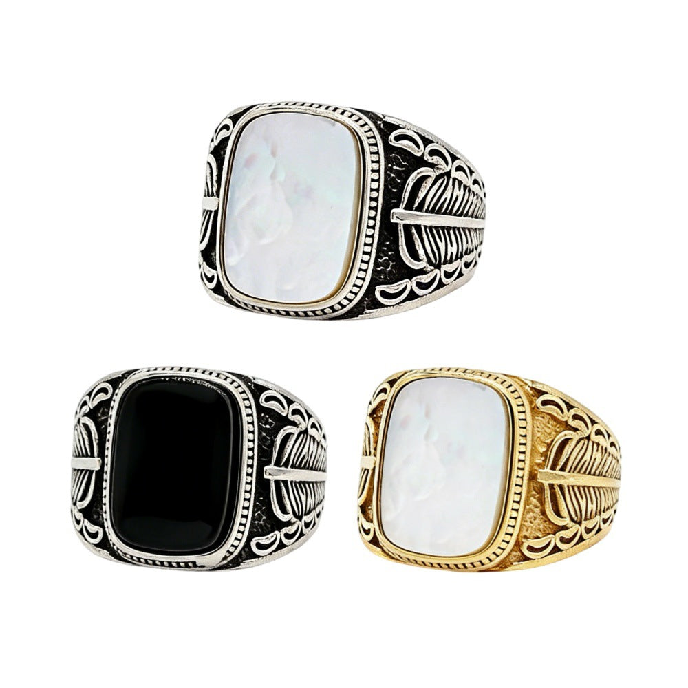 Planderful Everyday Genie Men Titanium Steel Ring With Feather Gem Design Unisex Protection Statement