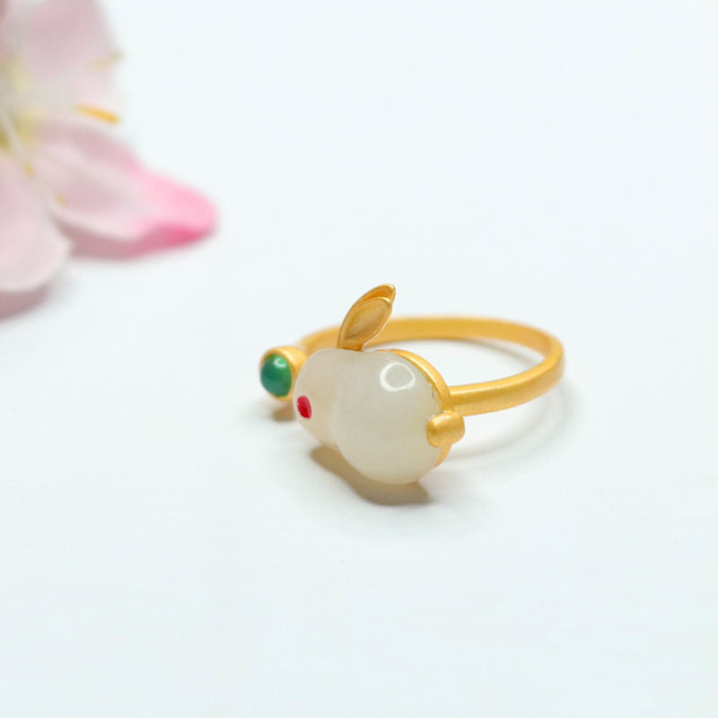 White Hetian Jade Rabbit 925 Silver Ring
