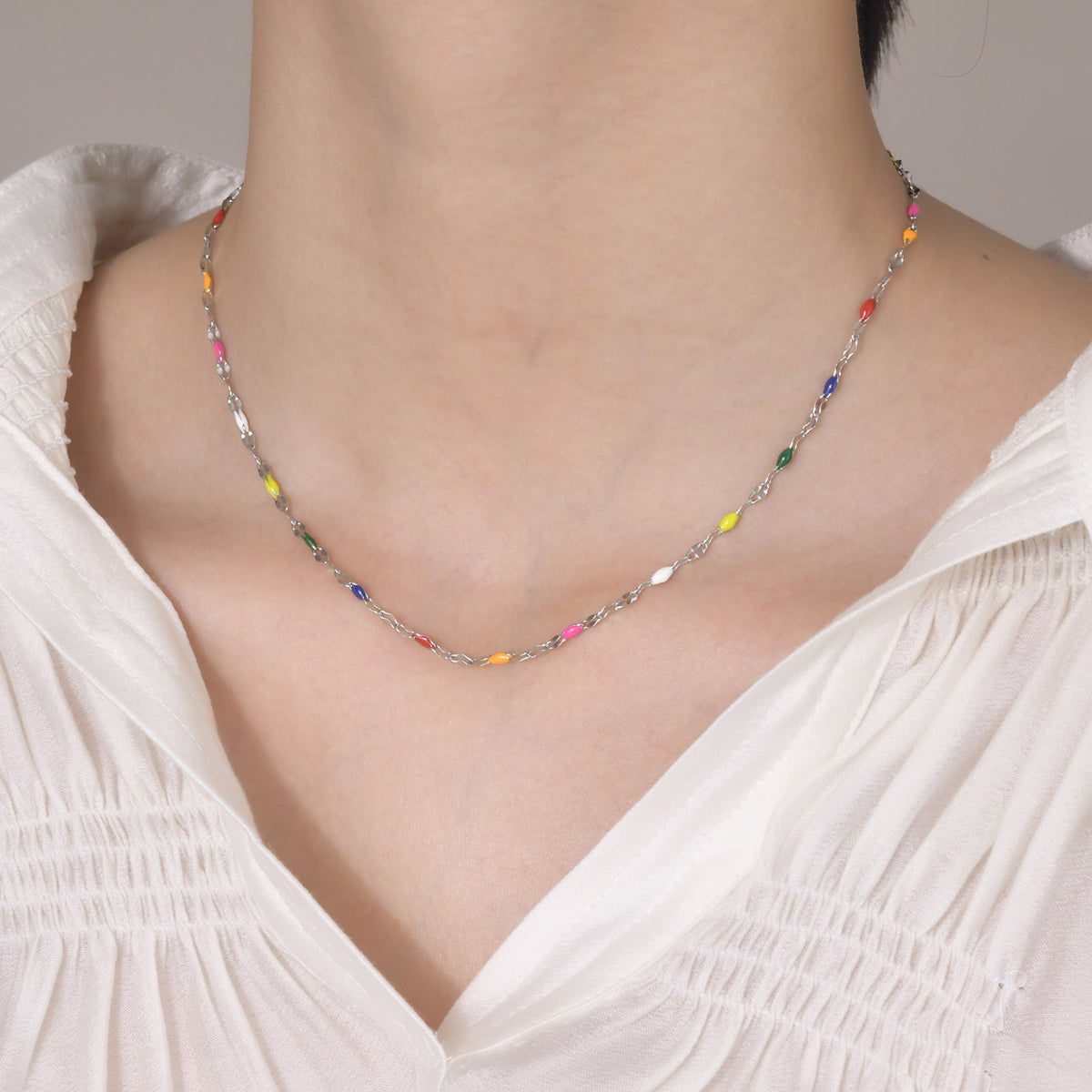 Necklace – Stainless Steel Colored Epoxy Beads Lip Chain Necklace Steel Ladies
