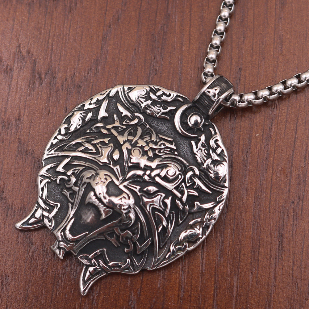 Viking Tiger Head Titanium Steel Necklace with Odin Rune Pendant - Men's Jewelry from Norse Legacy Collection