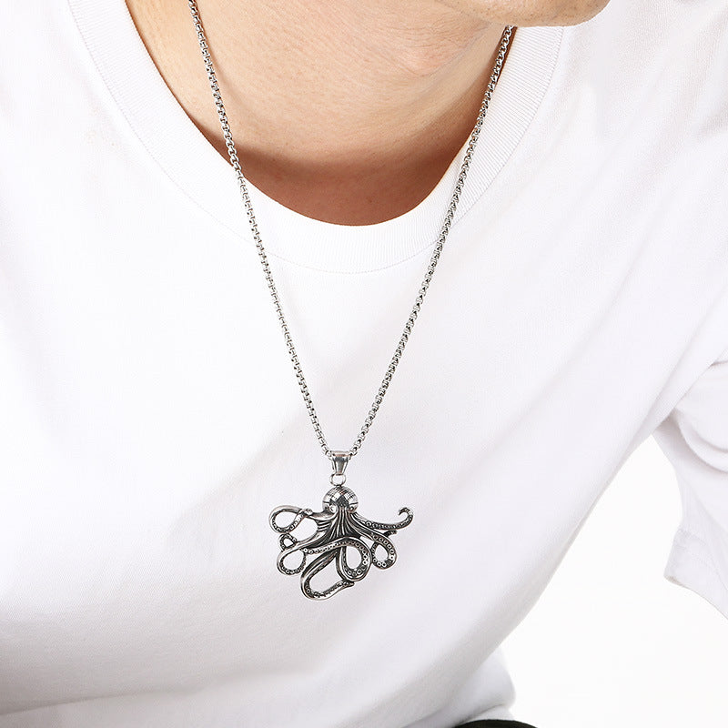 Popular Marine Life Octopus Pendant, Punk Style Old Smear Hollow Fish Bone Titanium Necklace