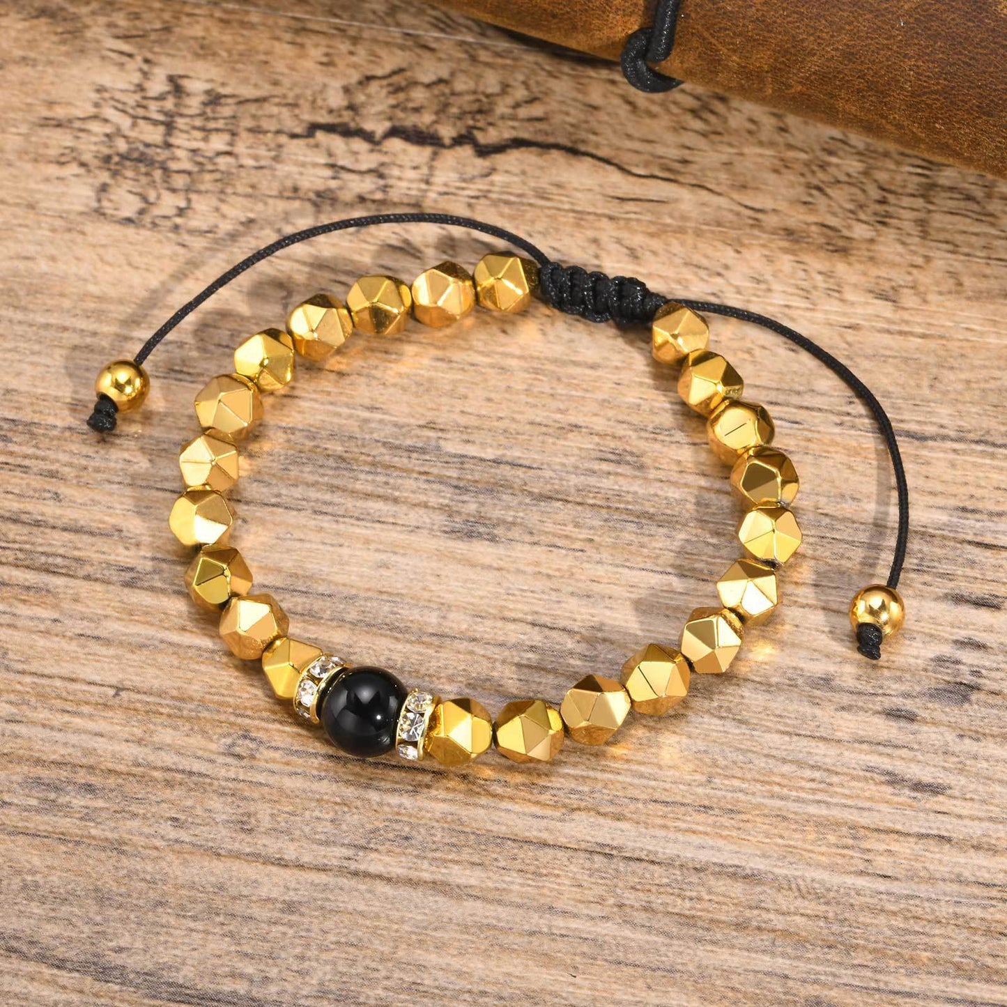 Men's Gold Black Gallstone Slice Glossy Agate Beaded Bracelet