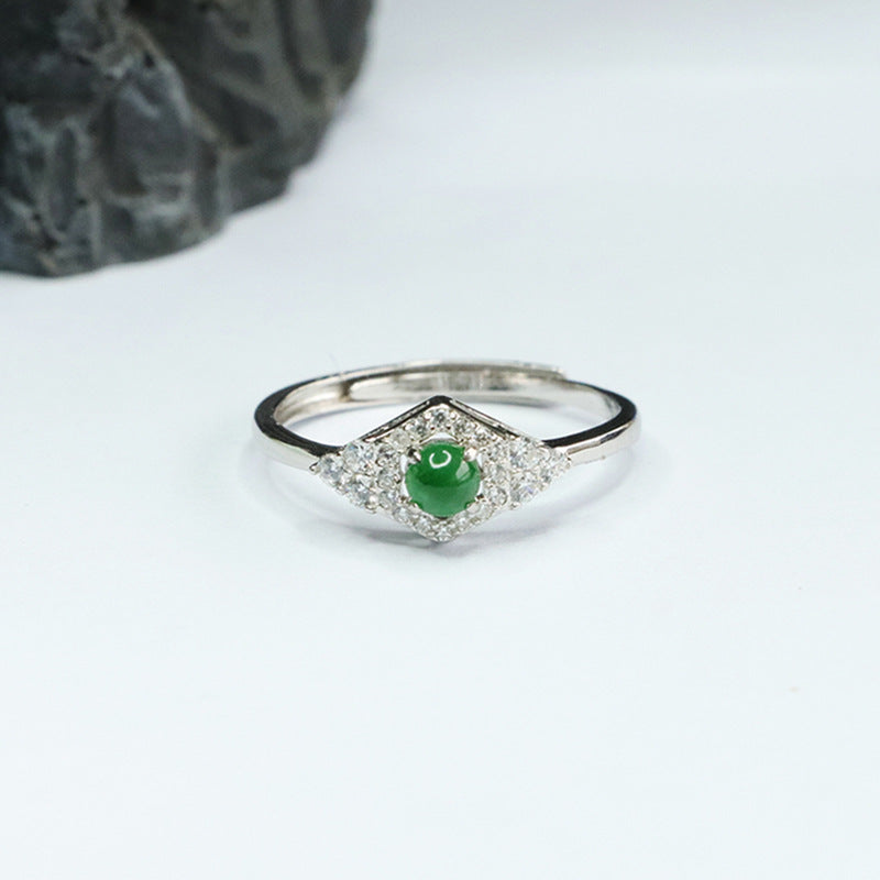 Icy Jade and Zircon Rhombus Sterling Silver Ring