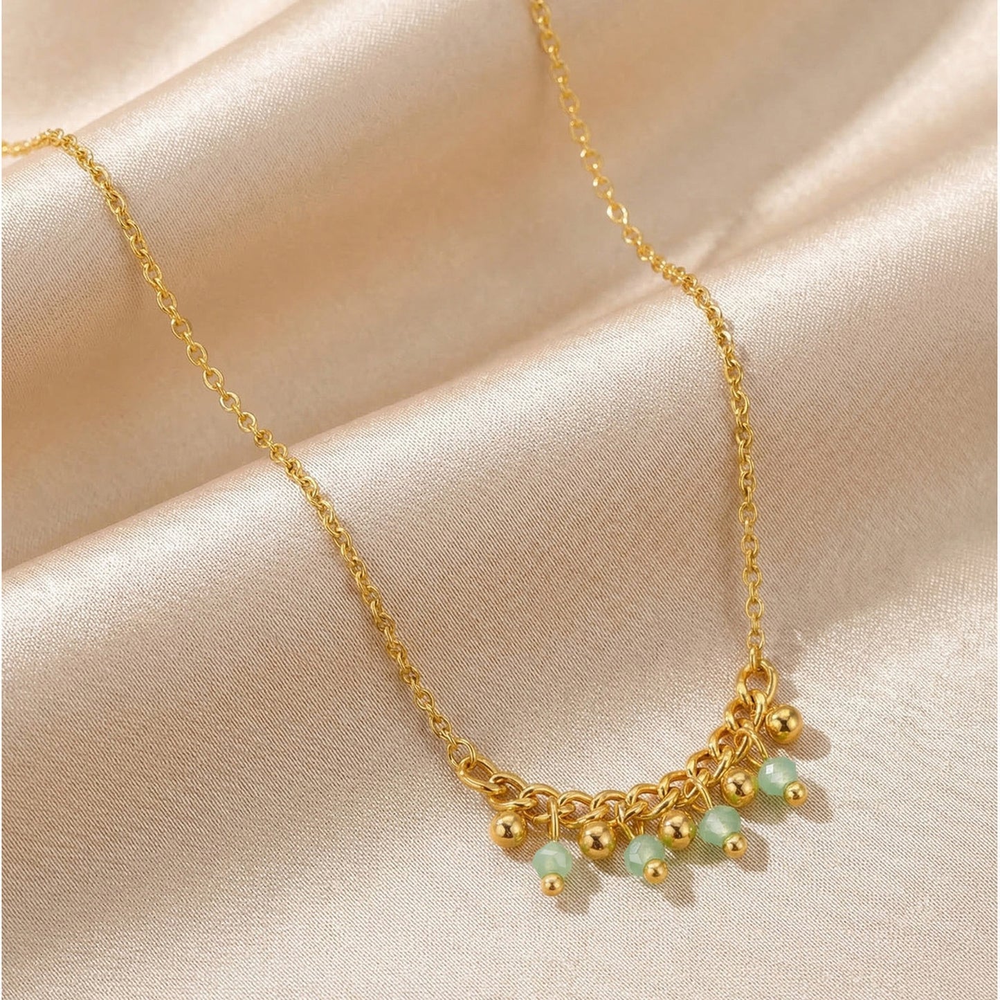 Summer Stainless Steel Cross Chain Green Fringed Beaded Necklace Design Item Decoration