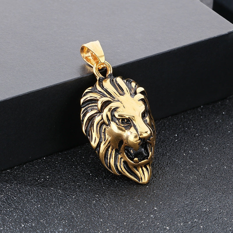 Planderful Lion Head Zircon Pendant Steel Mens Necklace