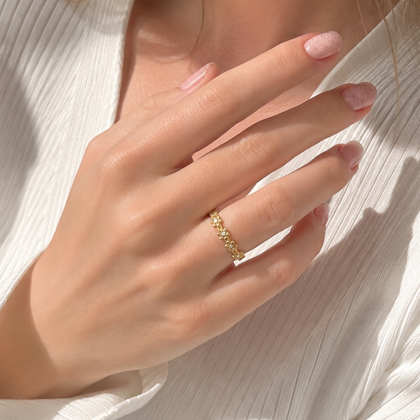 Planderful Zircon Flower Stainless Steel Ring Adjustable Opening For Women And Teens Everyday Wear
