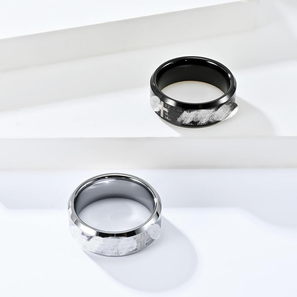 Tungsten Carbide Laser Cross Scripture Ring Men's Tungsten Gold Scratch