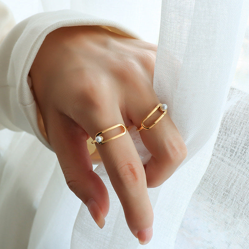 Personalized Geometric Gold-Plated Ring with Imitation Pearl