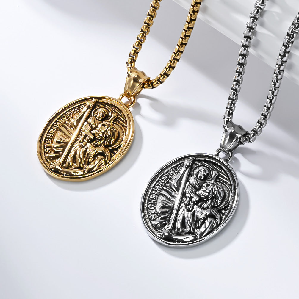 Planderful St Christopher Necklace For Men Titanium Steel Pendant Retro Literary Style Everyday Genie