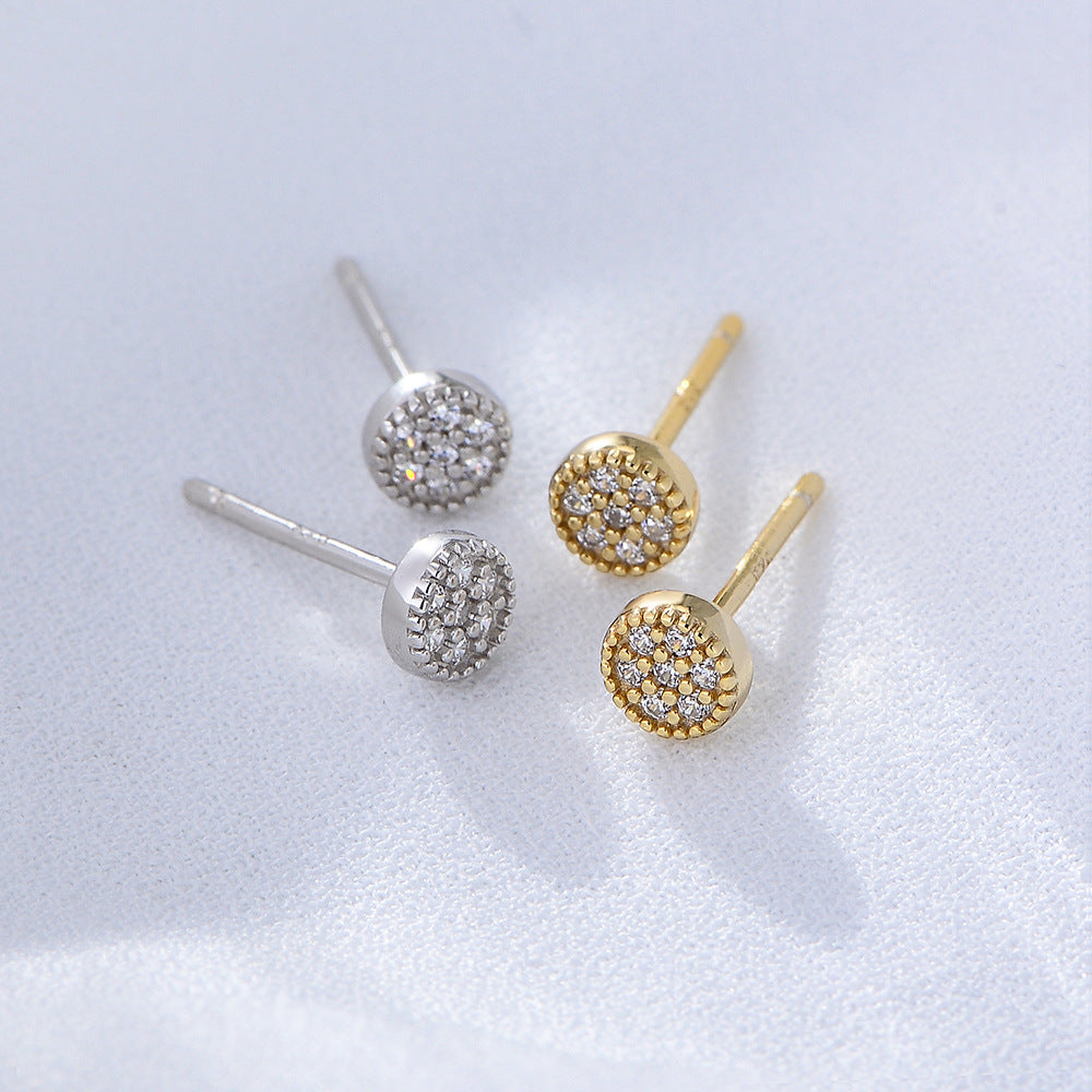 S925 Sterling Silver Cute Mini Zircon Stud Earrings Korean Version Round Full Zircon