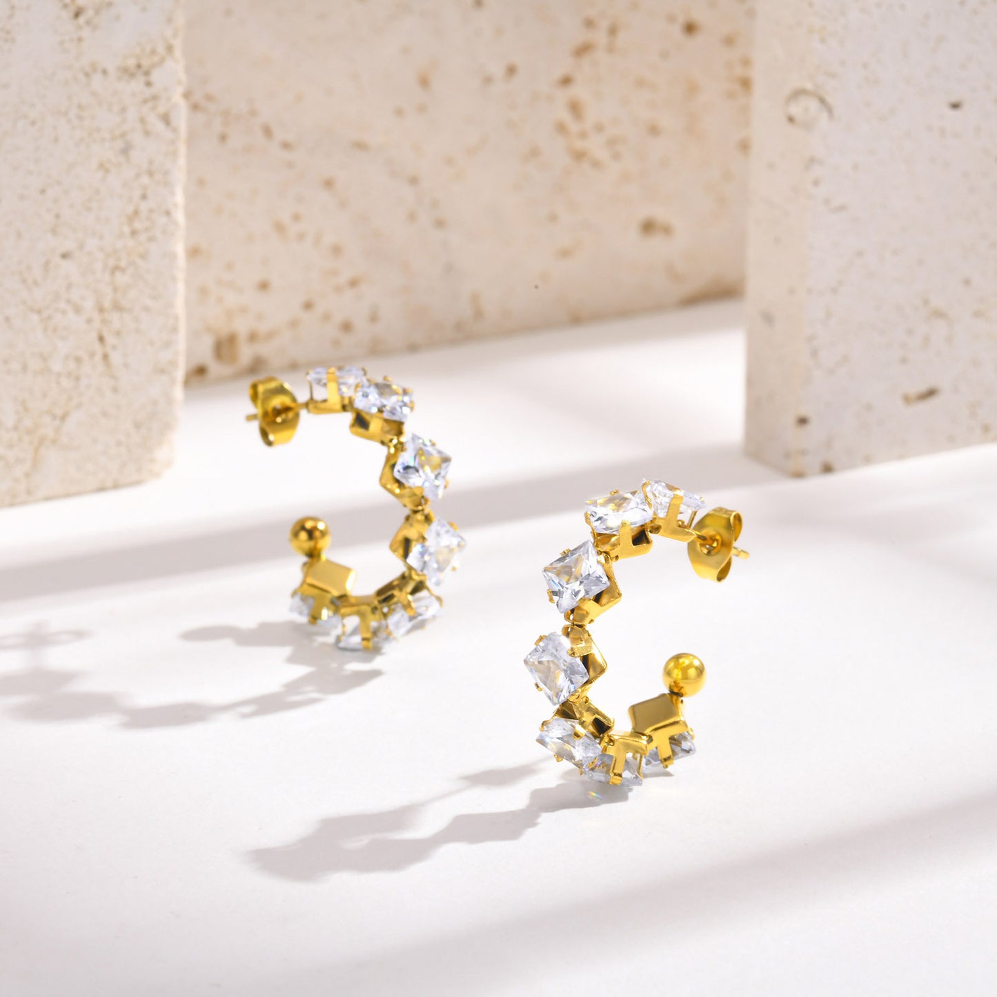 Stainless Steel Plated 18k Gold Rhombus Zircon C Earrings