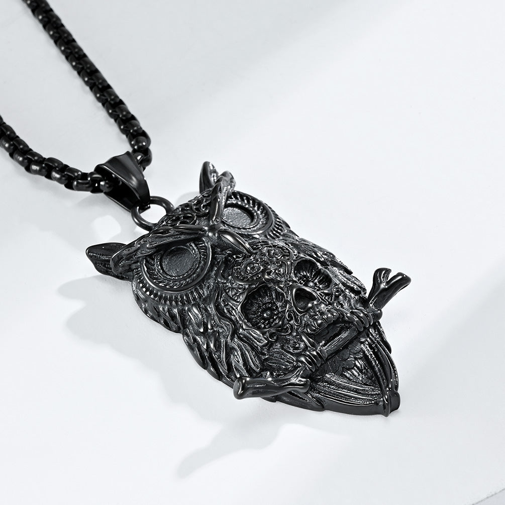 Amazon Dark Wind Owl Skull Stainless Steel Necklace for Men