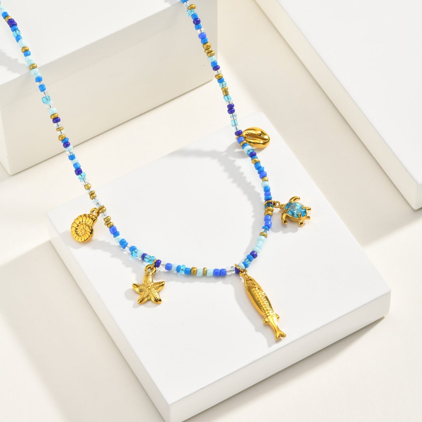 Ocean Wind Stainless Steel Ocean Fish Conch Starfish Dopamine Blue & White Color Beaded Necklace