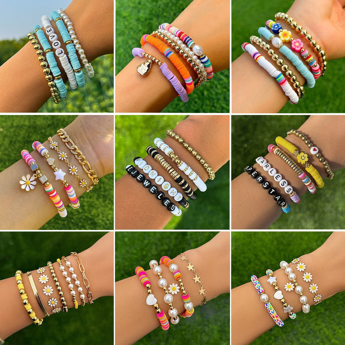 Bohemian Daisy Pearl Bracelet Set with Soft Ceramic Beads for a Stylish Vacation Look