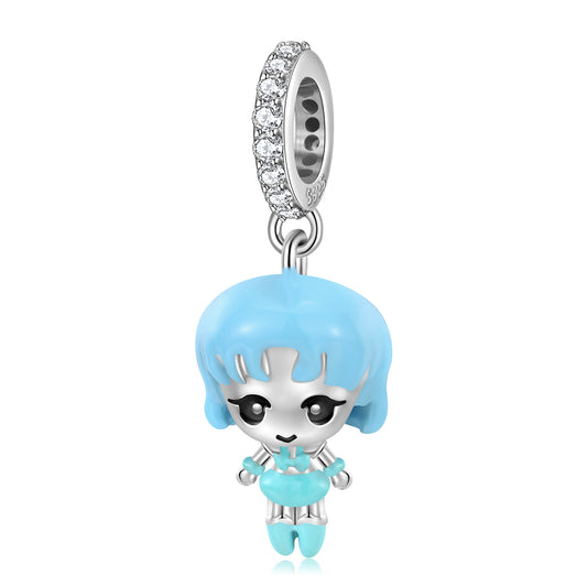 Blue Cartoon Girl Silver Pendant