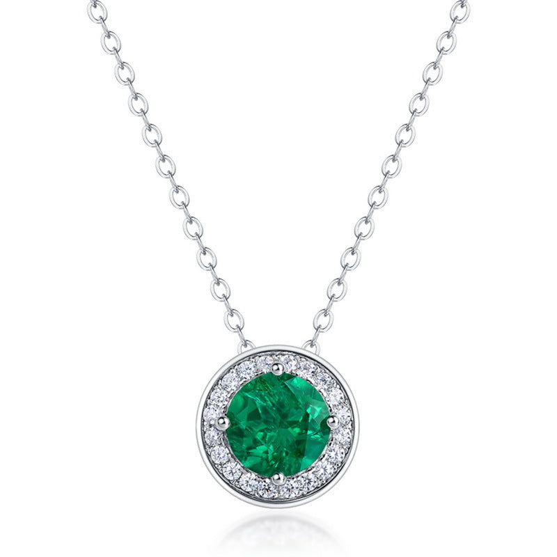 S925 Sterling Silver Lab-Grown Gemstone Round Pendant Necklace