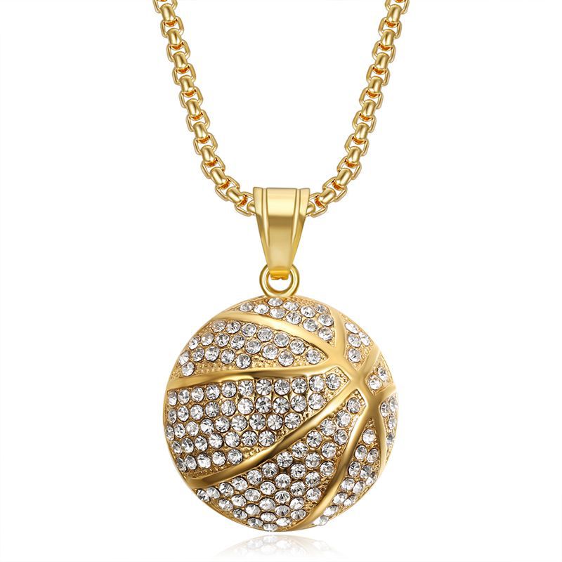 Planderful Basketball Pendant Necklace Premium Gold Plated Stainless Steel With Zircon For Hip Hop Fans