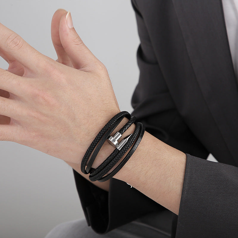 Planderful Leather Rope Bracelet For Men Stainless Steel