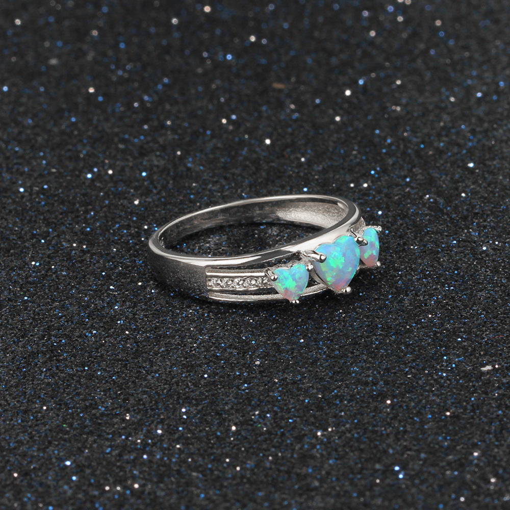 Planderful Jewelry Sterling Silver Opal Ring With Three Hearts Blue Opal Inlay, Elegant Gift