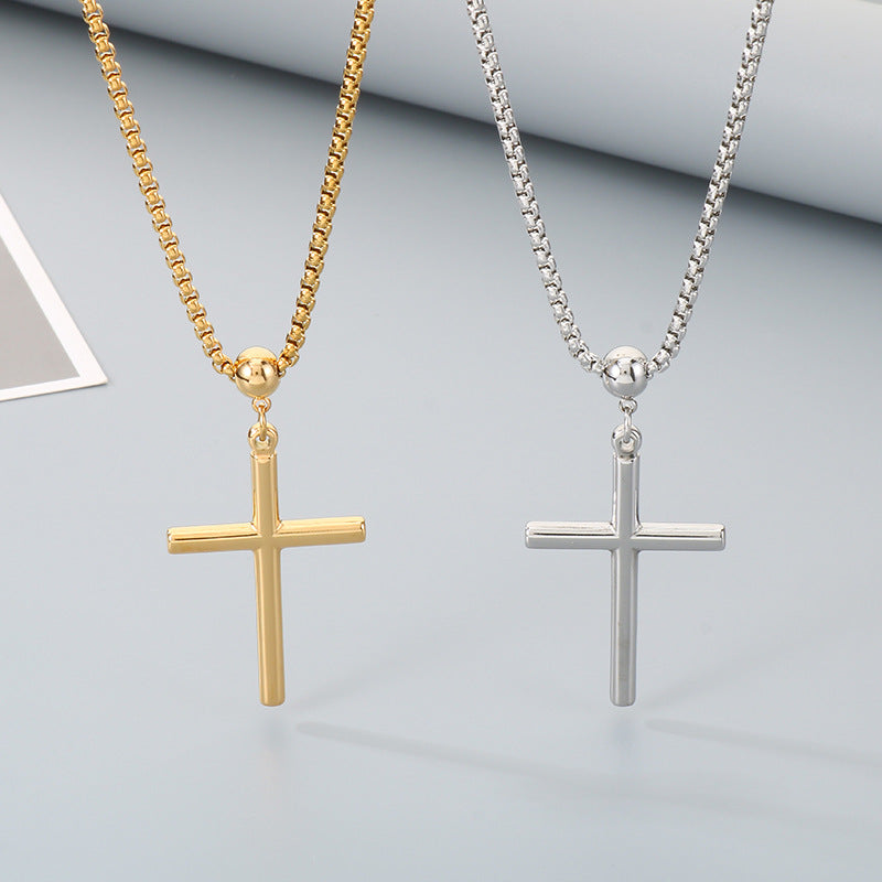 Ball Buckle Necklace, Smooth Cross Pendant Square Pearl Chain Stainless Steel Men's