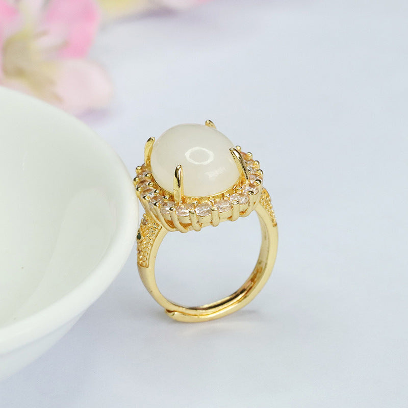 White Hetian Jade Zircon Halo Ring