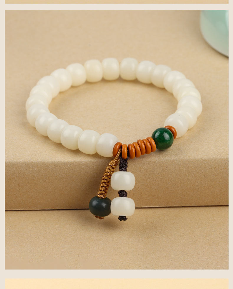 Elegant Natural White Jade Bodhi Root Bracelet with Weathering Bucket Bead Bodhi Zi for Women