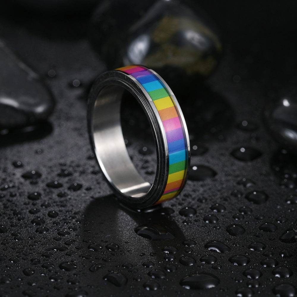 Rainbow Titanium Rotating Decompression Ring - Unisex Rainbow Jewelry