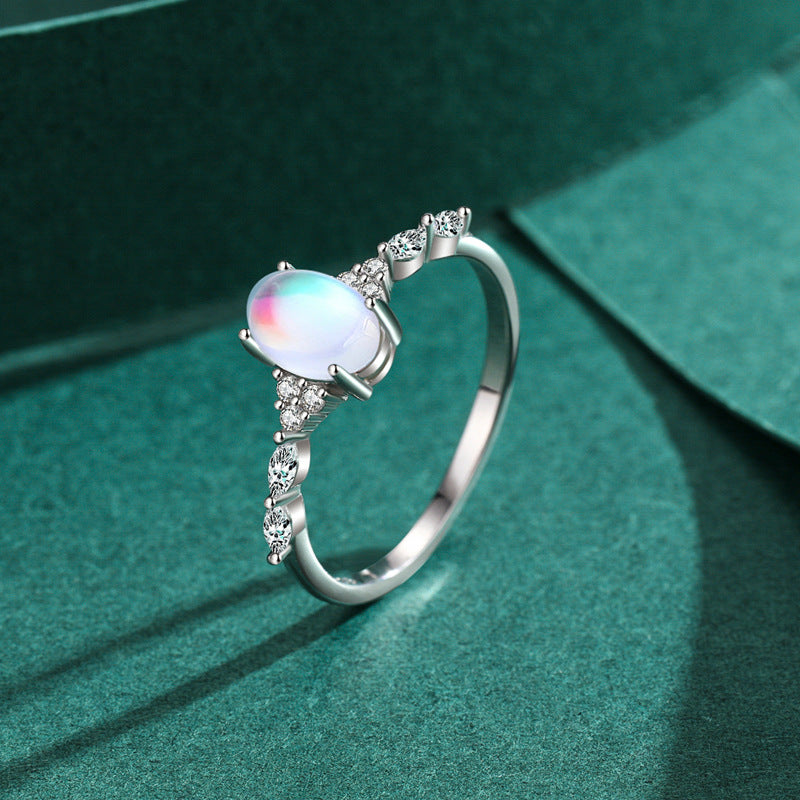 European and American Moonlight Stone Sterling Silver Ring with Timeless Charm