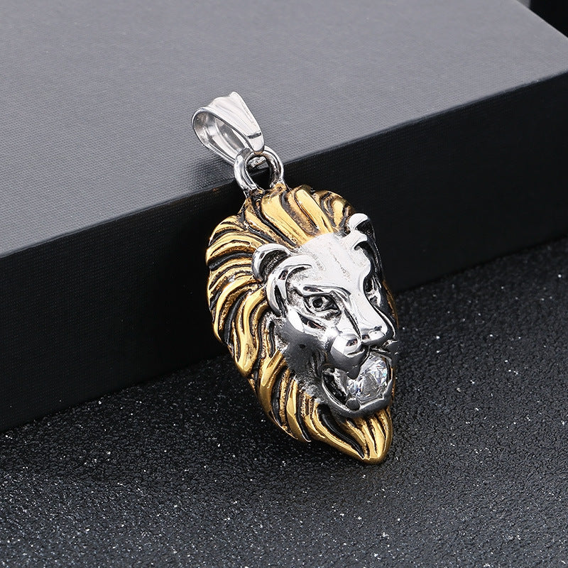 Planderful Lion Head Zircon Pendant Steel Mens Necklace