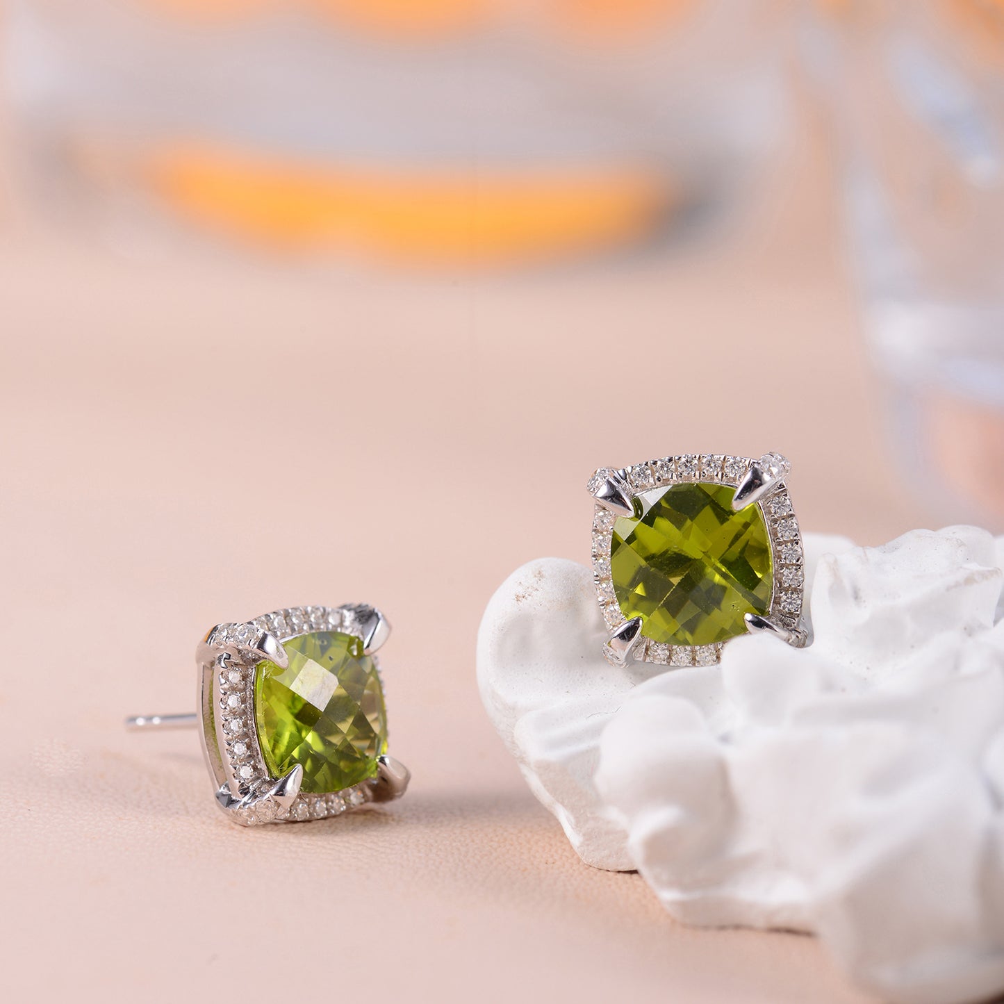 Soleste Halo Square Natural Olivine Silver Stud Earrings