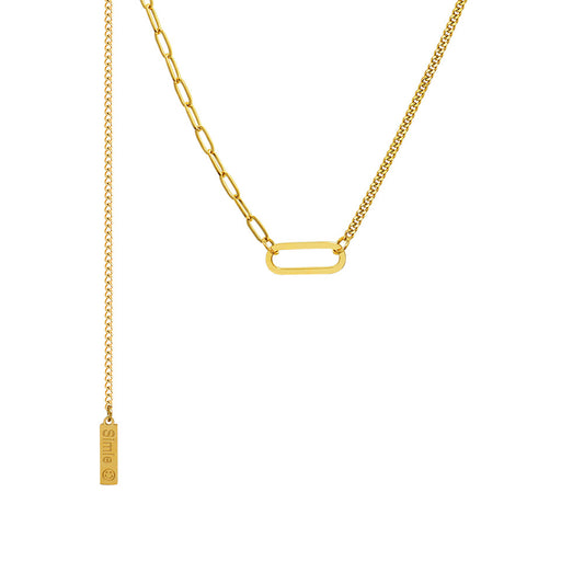 French Instagram Style Gold Tassel Necklace with Elliptical Geometry Pendant