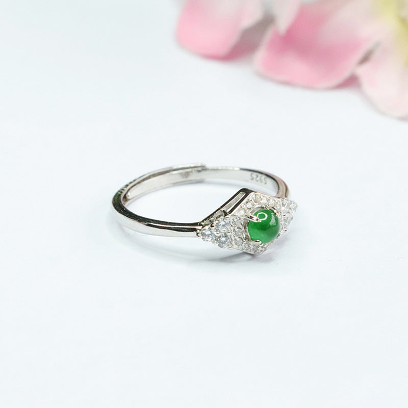 Icy Jade and Zircon Rhombus Sterling Silver Ring