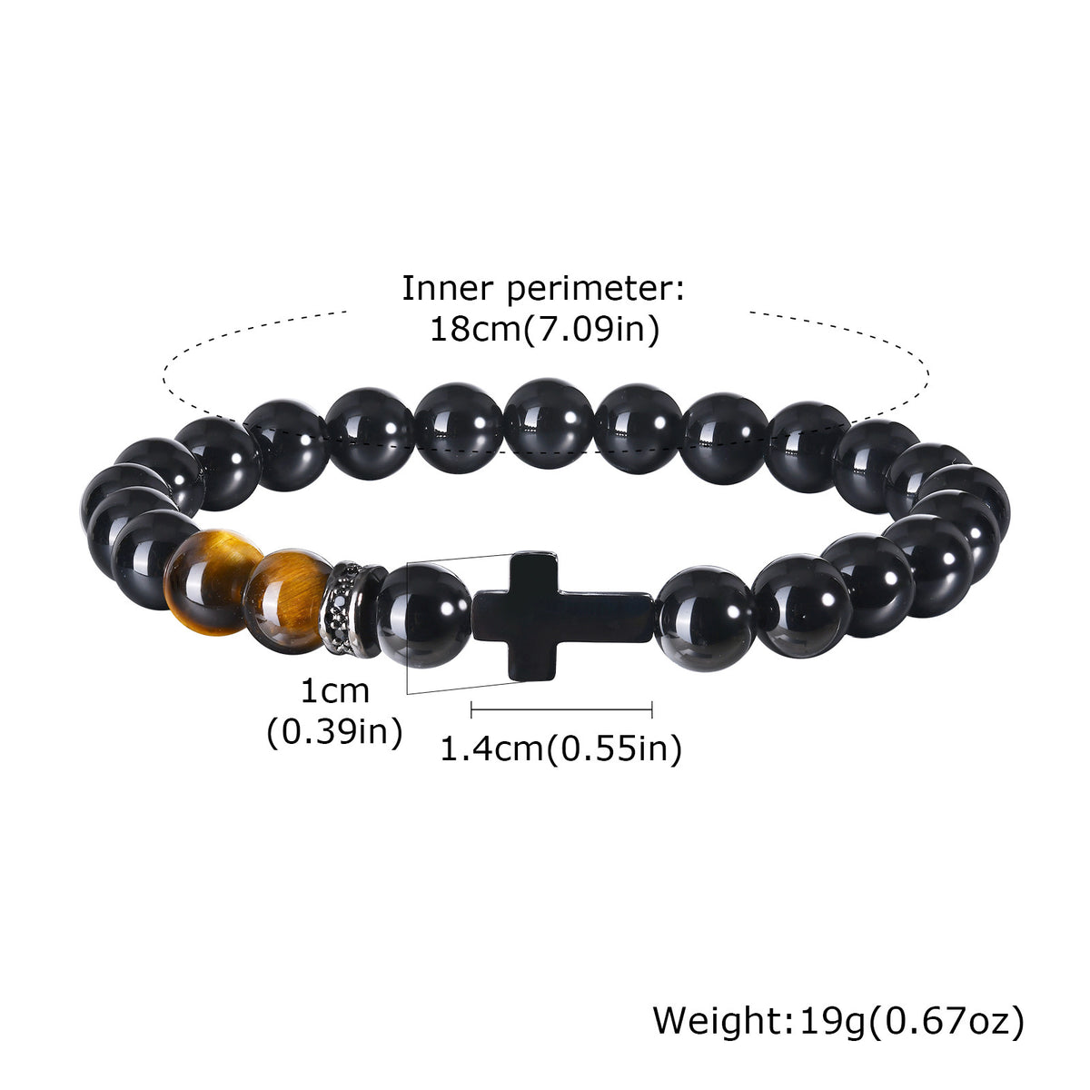 Men's Black Stainless Steel Cross Natural Glossy Agate Tiger's Eye Beaded Bracelet