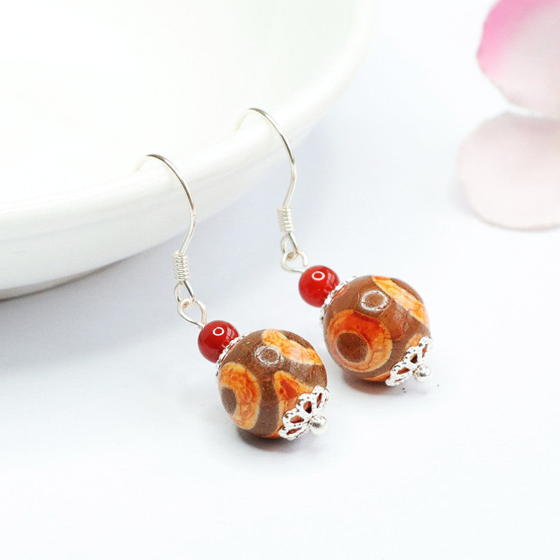Three-Eye Dzi Bead 925 Silver Hook Earrings