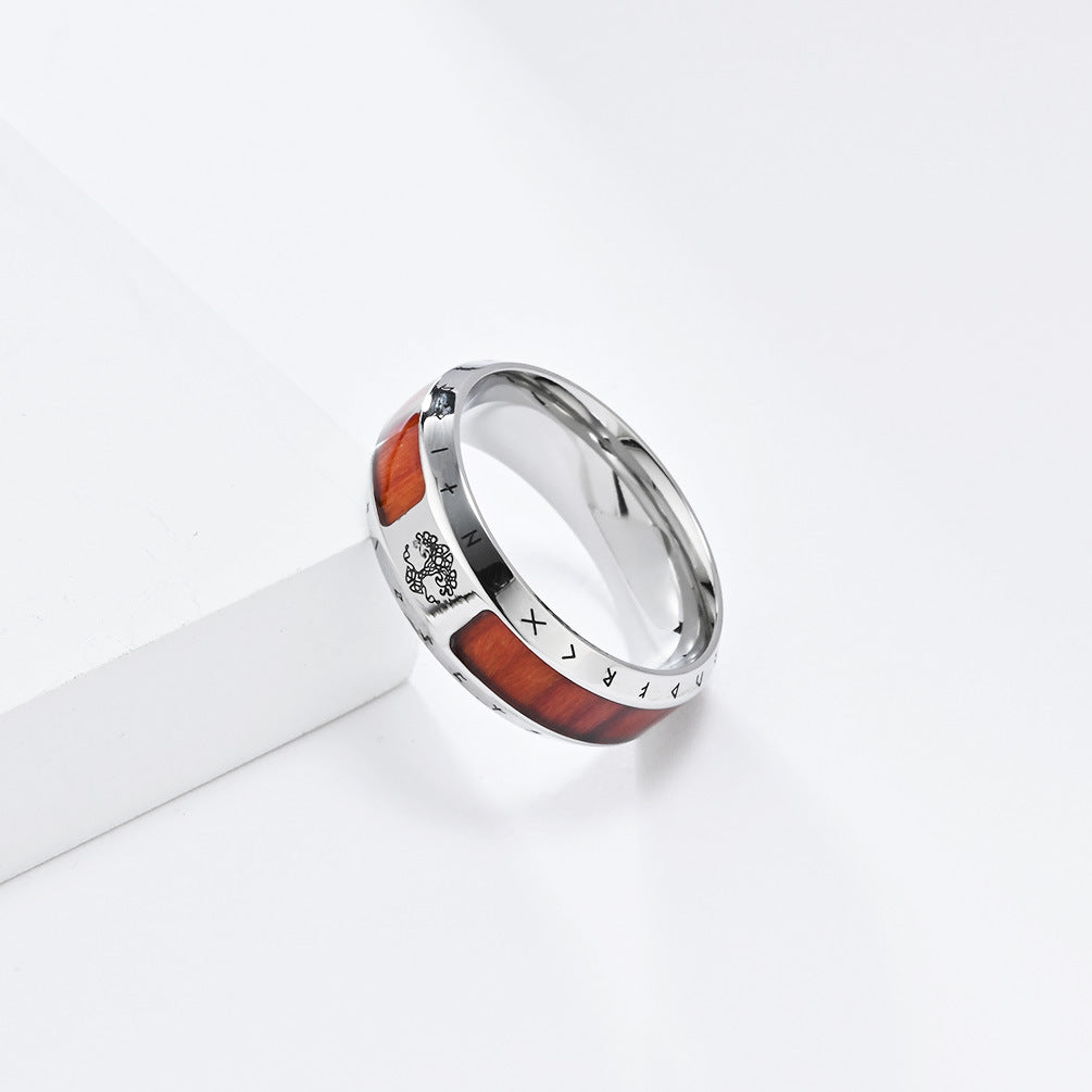 Steel Ring – Vintage Nordic Viking World Tree Men's Ring With Wood Grain Texture And Bold Design
