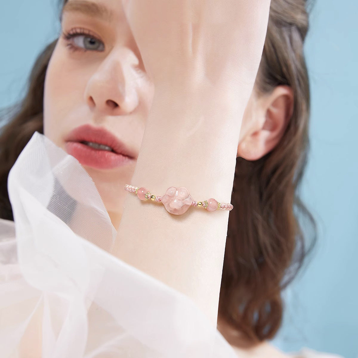 Cherry Blossom Agate Sterling Silver Couple Bracelets
