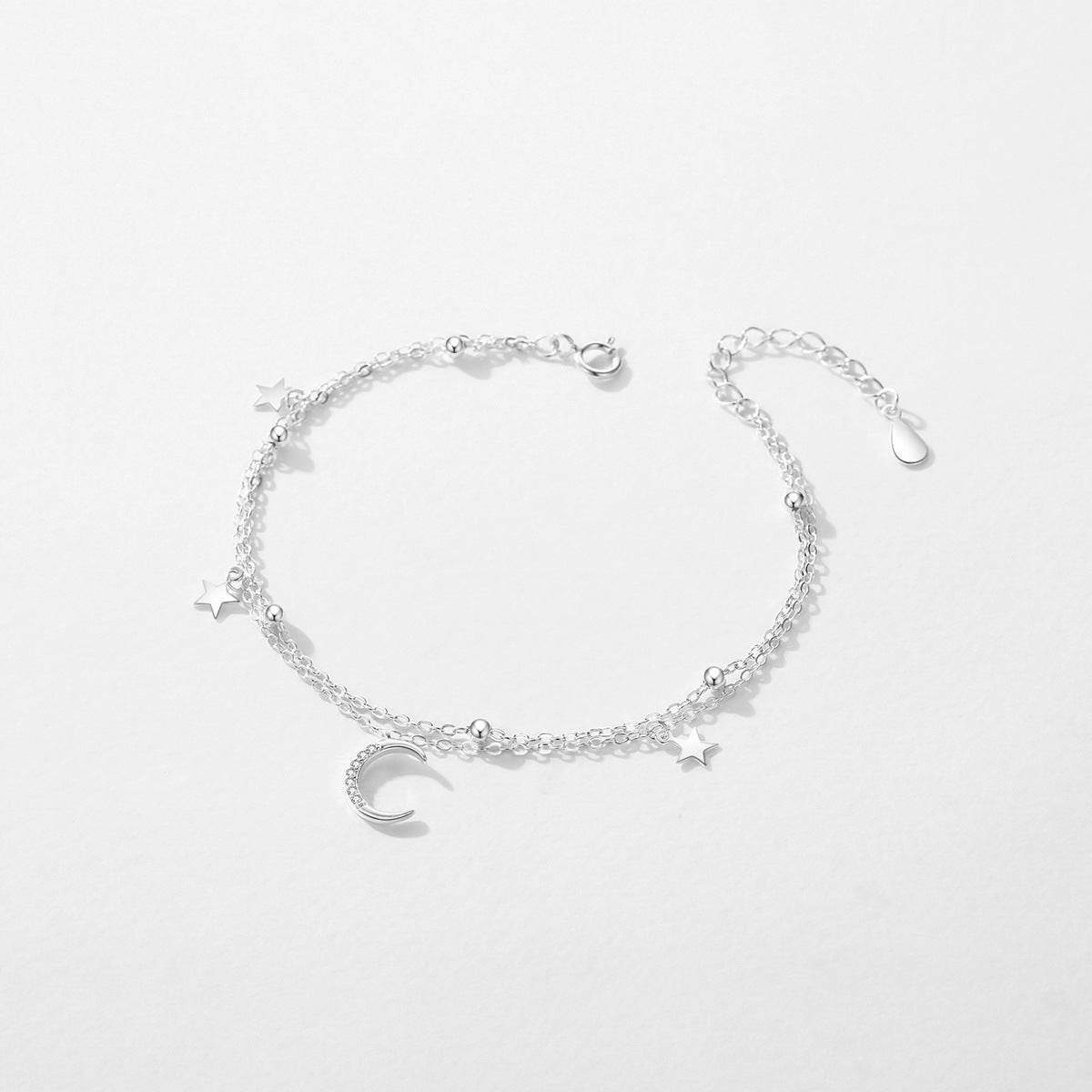 Double Layered Sterling Silver Star Moon Bracelet for Women with Zircon Accents
