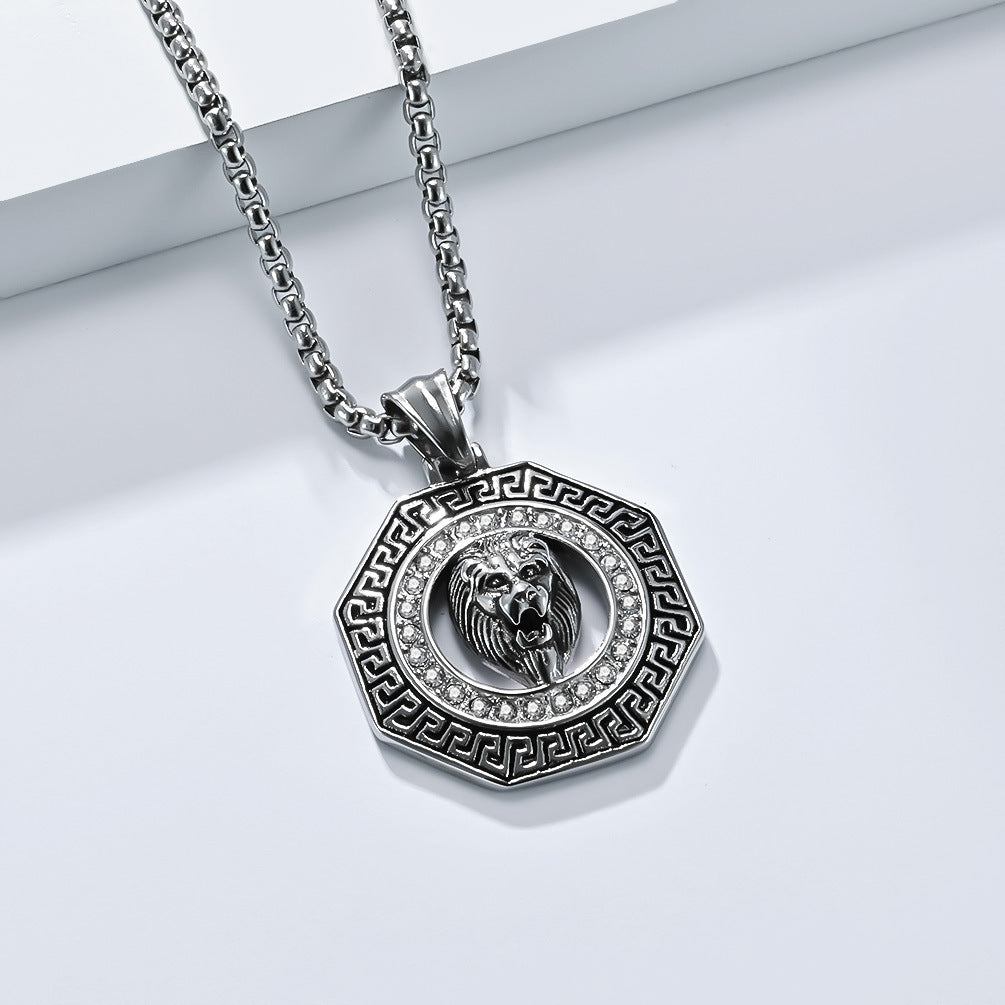 Steel Necklace – Statement Hip Hop Lion Head Zircon Inlay Pendant For Bold Everyday Style