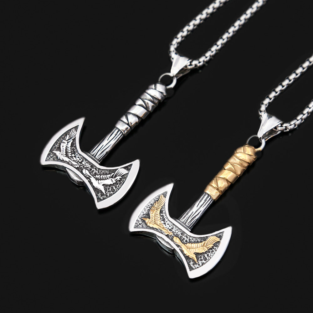 Nordic Viking Raven Axe Titanium Steel Pendant Necklace