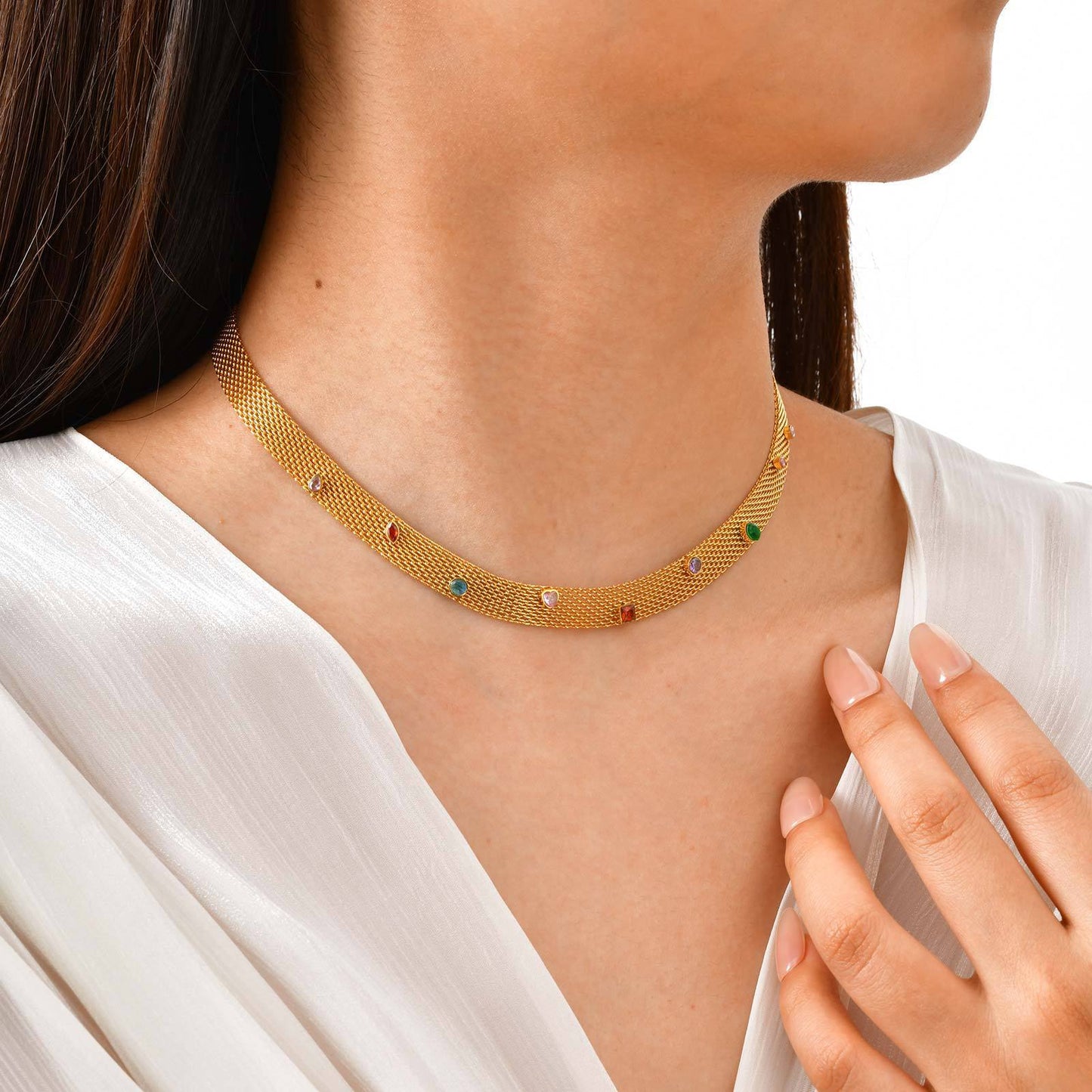 Gold Stainless Steel Mesh Chain With Colored Zircon Necklace Design Women's