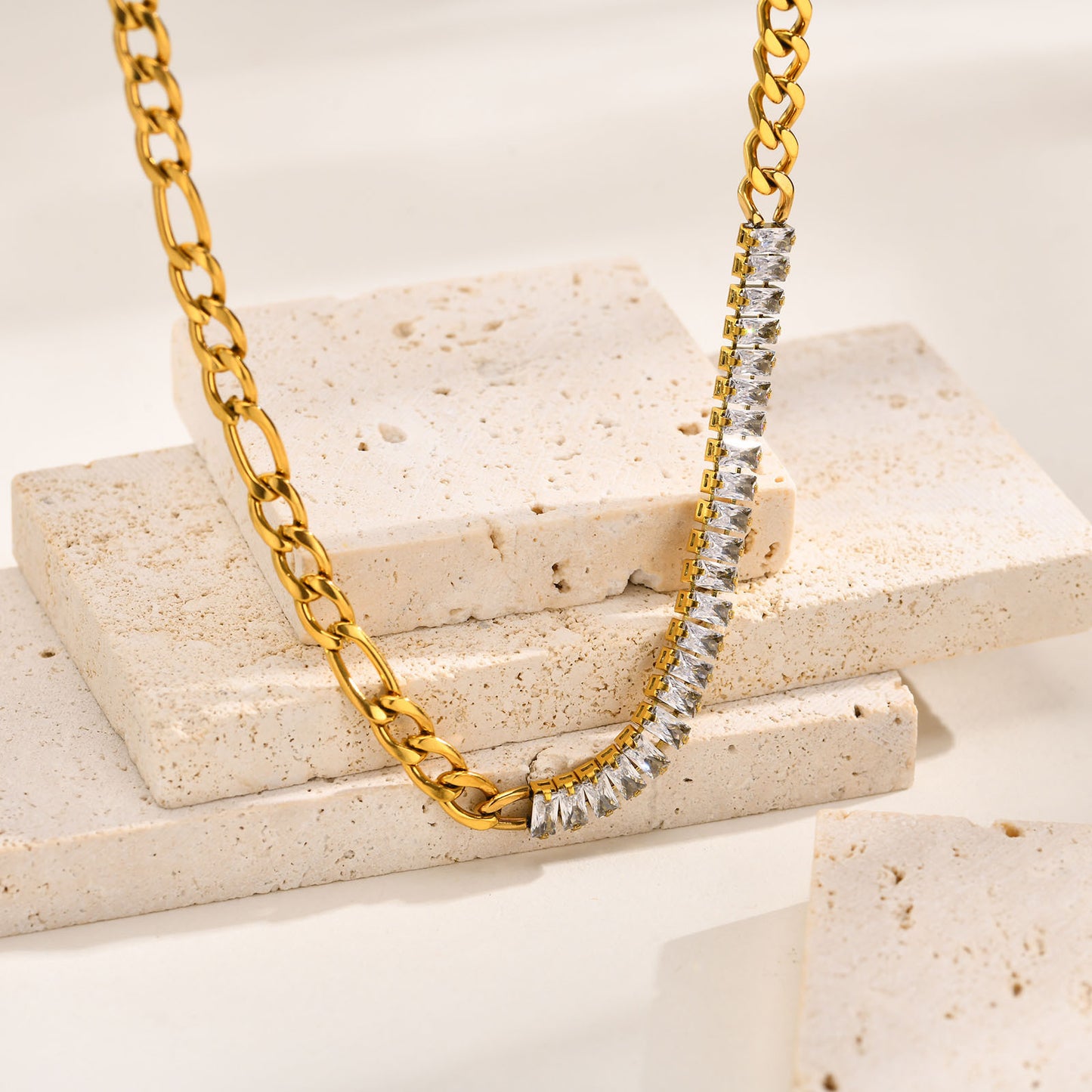 Stainless Steel Rectangle White Zircon Cuban Chain Necklace Gold