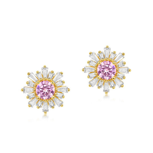 Zircon Pink Sun Flower Sterling Silver Stud Earrings