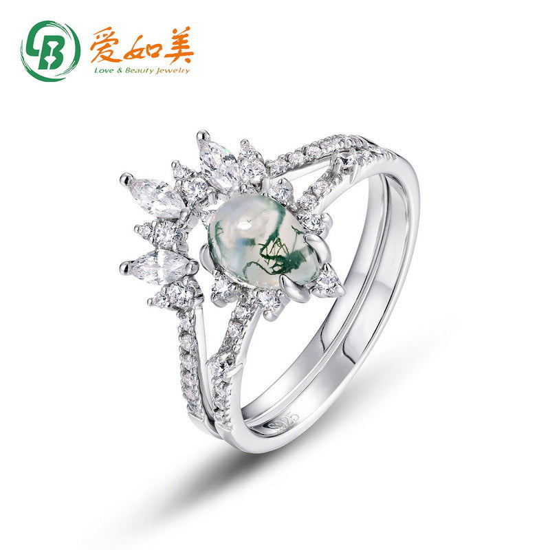 S925 Sterling Silver Moss Agate Pear Pear-Cut Ring