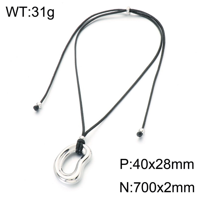 Minimalist Trend Versatile Irregular O-Shaped Pendant Adjustable Black Wax Rope Stainless Steel Men's Necklace