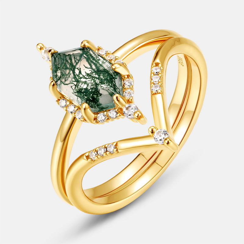Planderful Jewelry Green Moss Agate Ring S925 Silver