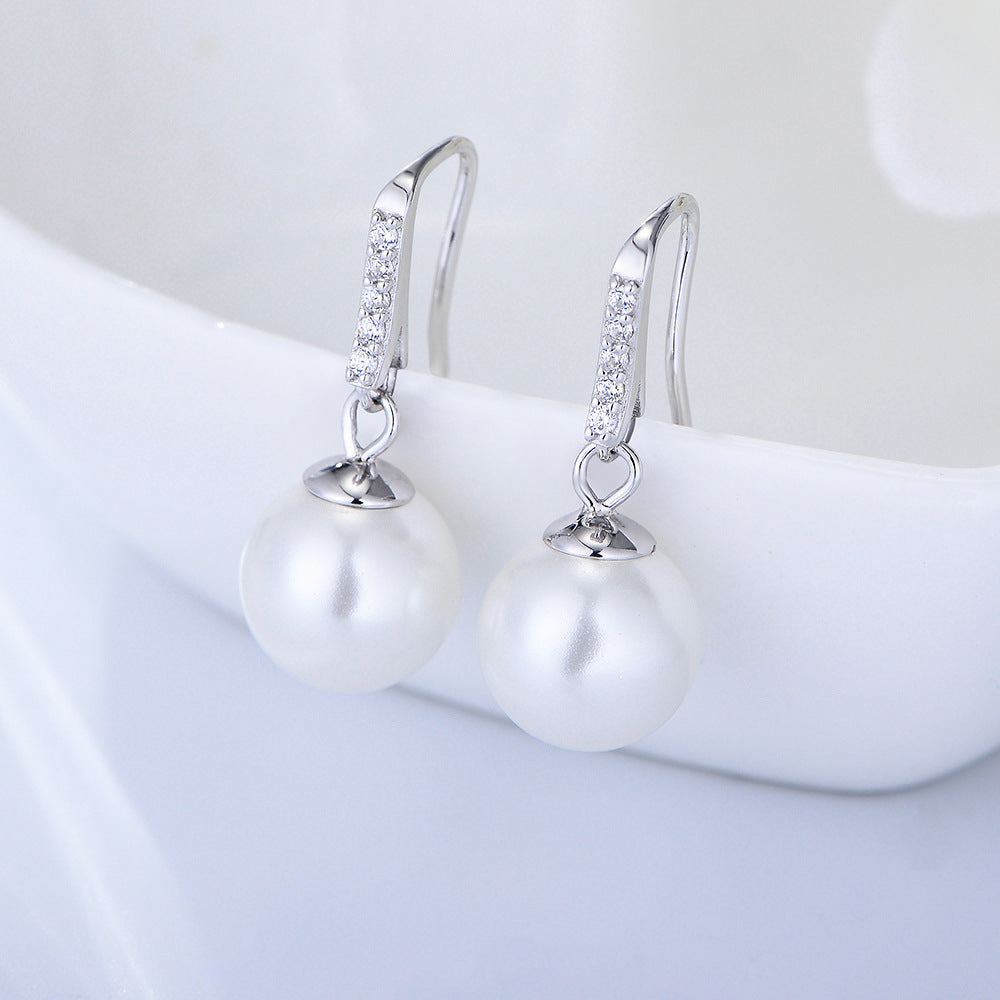 925 Sterling Silver Pearl Earrings Inlaid Zircon Long Bead Earrings Jewelry