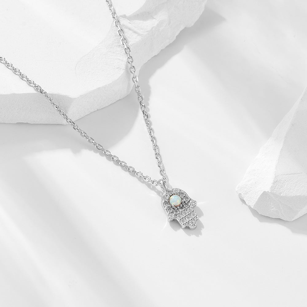 925 Sterling Silver Fatima Hand Necklace Zircon Opal Mini Palm Clavicle Chain