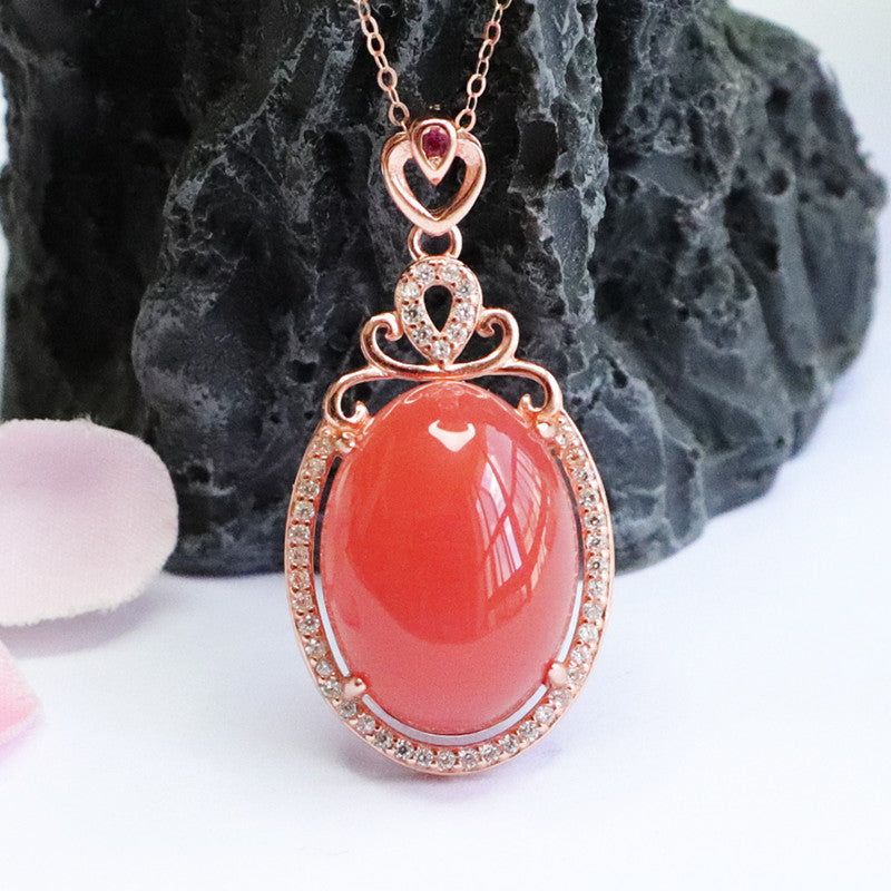 Pigeon Egg Agate Pendant Sterling Silver Necklace with Zircon Detail