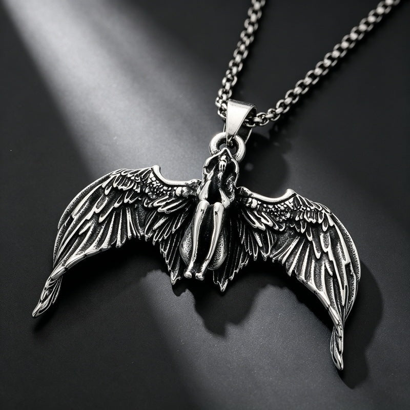 Fallen Angel Pendant Punk Goth Skull Wings Cross Sword Wings Stainless Steel Men's Necklace