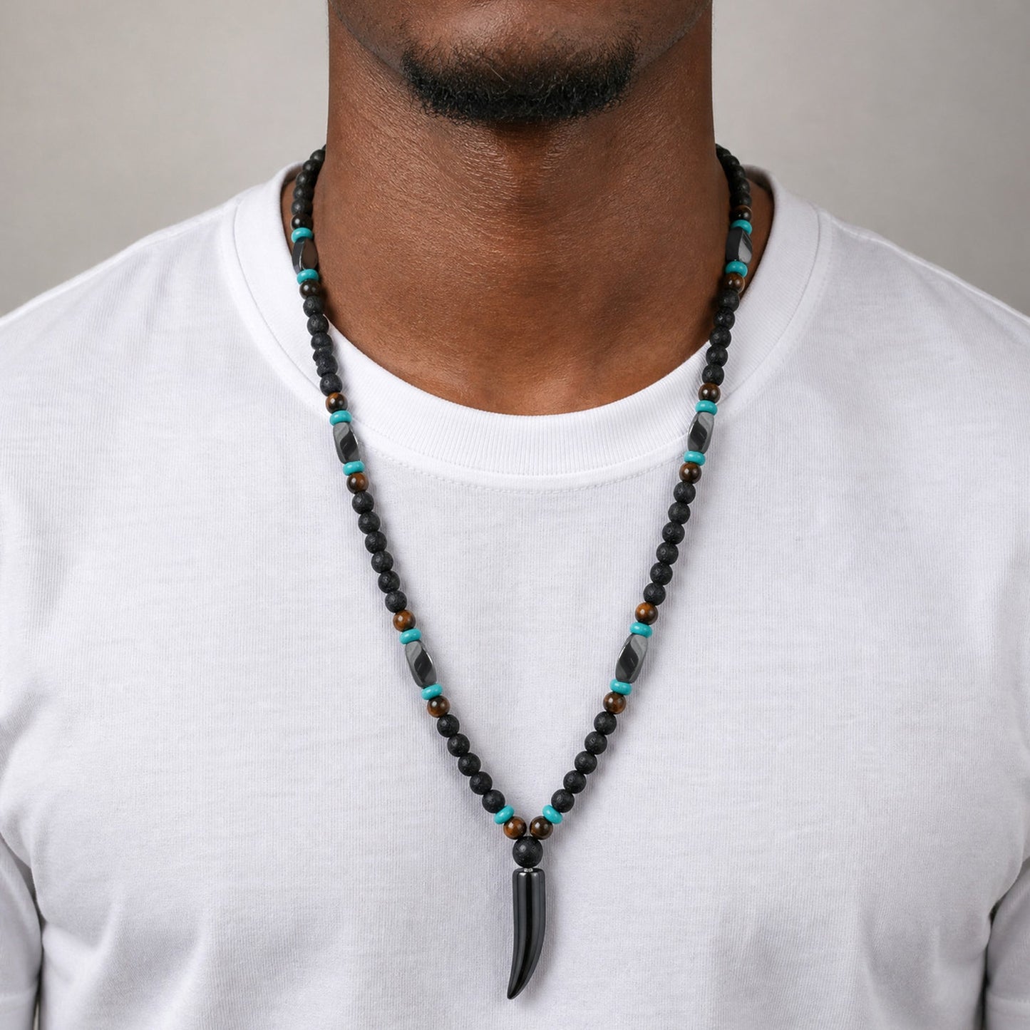Men's Stainless Steel Volcanic Stone Tiger's Eye Stone Wolf Tooth Pendant Necklace Punk